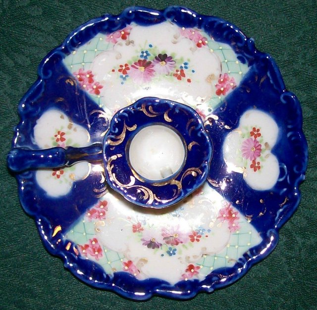 Nippon/Japan Chamberstick Hand-Painted Flowers/Cobalt/Gold 1890s-1930s