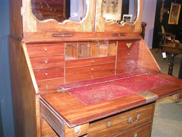 English Georgian Period Bureau Bookcase fitted with candle holders and candle drawers.
