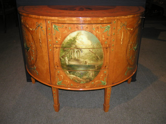 A Fine Quality English Demi Lune Painted satinwood Commode / Chest