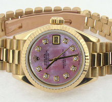Ladies gold Rolex watch datejust pink diamond dial lady