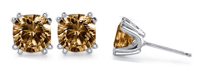 1 carat champagne diamond stud earrings cushion cut