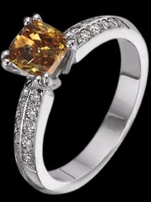 Champagne brown cognac cushion & white diamonds 2 ct. engagement ring gold white