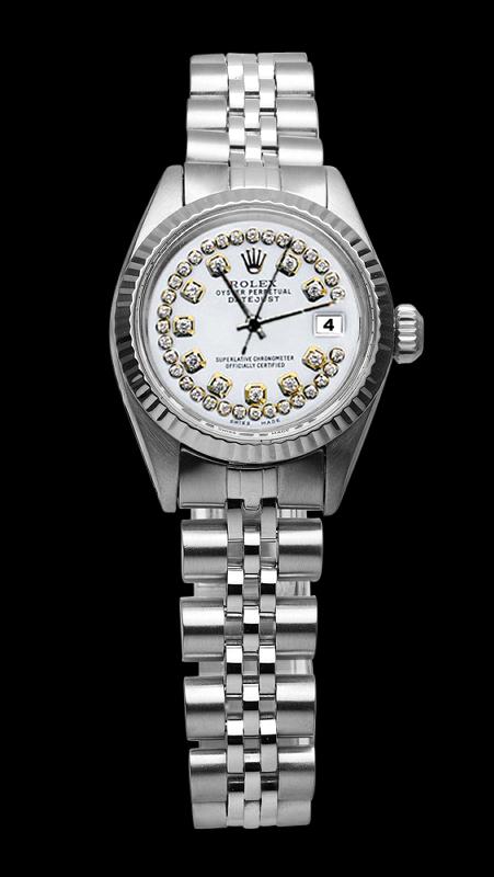 Fluted bezel ladies watch rolex datejust white double row diamond dial SS jubile