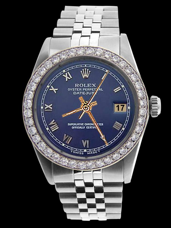 Blue roman dial datejust gents watch jubilee SS bracelet rolex diamond bezel