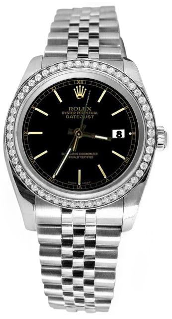 Black stick dial date just diamond bezel jubilee SS Rolex datejust watch