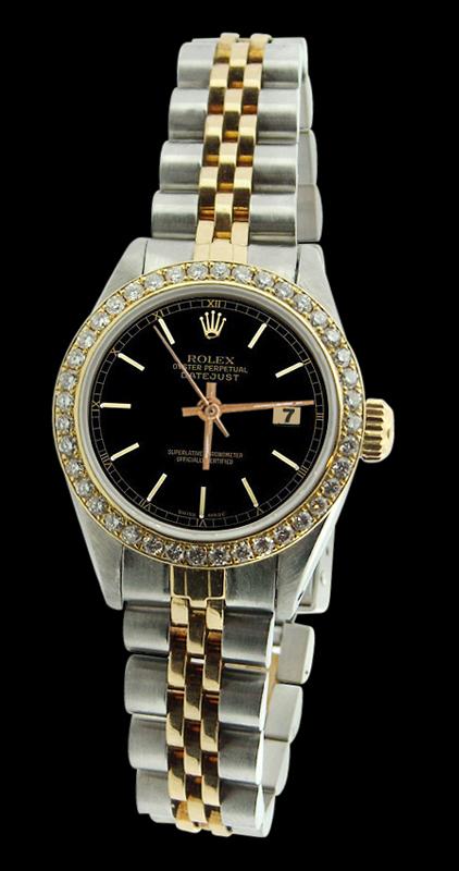 Black stick dial datejust women rolex watch SS & gold jubilee diamond bezel