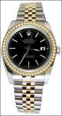Black stick dial solid gold & steel rolex datejust watch diamond bezel jubilee