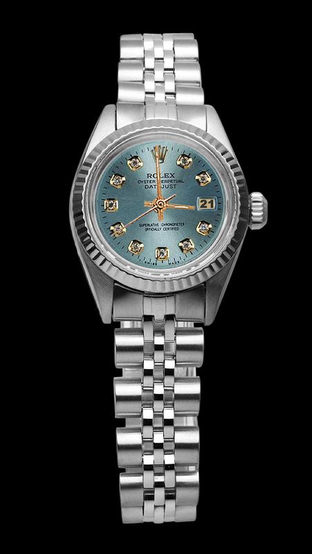 Blue diamond dial lady rolex fluted bezel SS jubilee bracelet datejust watch