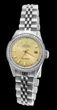 Ladies rolex date just champagne stick dial watch diamond bezel SS jubilee