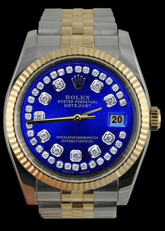 Fluted bezel rolex blue string diamond dial datejust men watch SS & gold jubilee