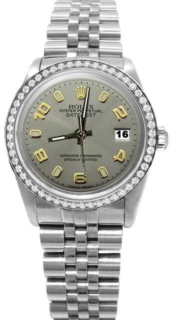 Gray Arabic dial diamond bezel rolex date just jubilee stainless steel watch
