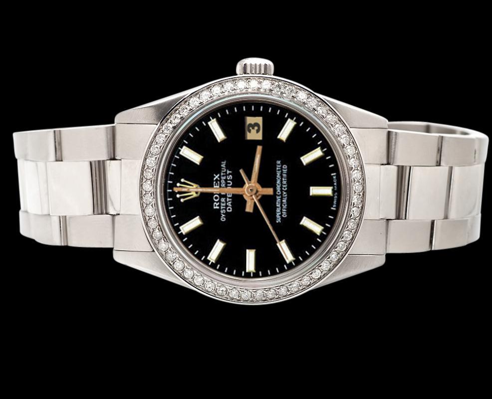 Diamond bezel datejust watch black stick dial SS oyster bracelet rolex