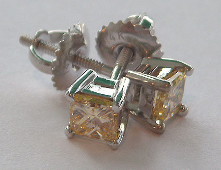 1.01 carat YELLOW CANARY DIAMOND stud earrings princess
