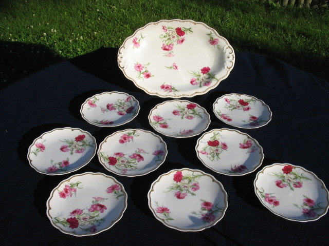 EARLY LIMOGES PINK ROSES ICE CREAM SET