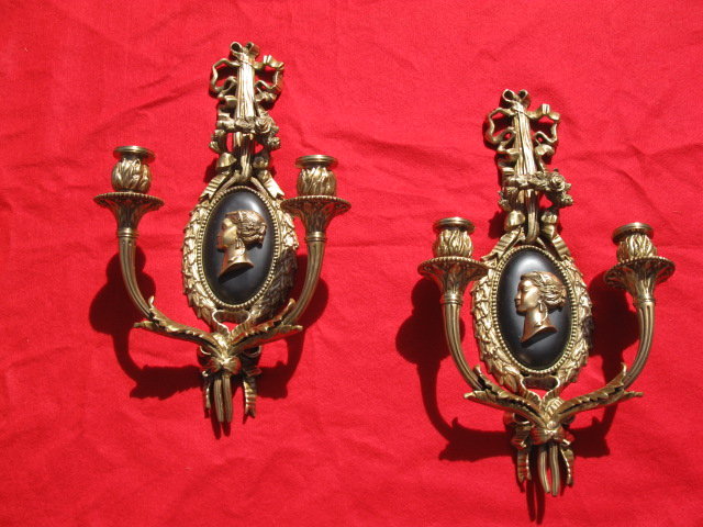 PAIR OF HEAVY BRONZE WALL SCONCES