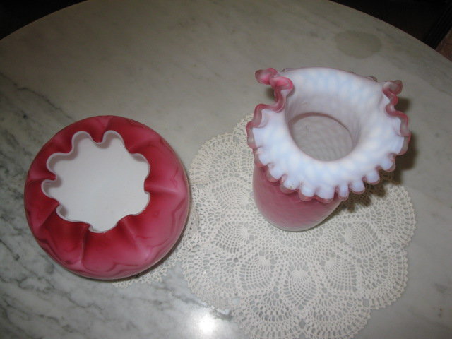 2 PINK QUILTED SATIN GLASS VASES