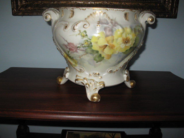 large hand painted limoges jardinaire/hanging planter