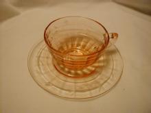 Hocking Block Optic Pink etched cup and saucer