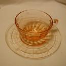 Hocking Block Optic Pink etched cup and saucer