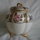 M & M Footed Biscuit Jar, with paneled flowers, HP