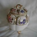 M & M Footed Biscuit Jar, with paneled flowers, HP