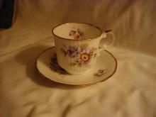 Queen's cup and saucer, lavendar and blue flowers