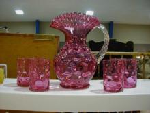 Inverted Thumbprint Cranberry water set with 6 tumblers