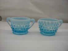 Hobnail blue opalescent individual creamer and sugar