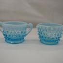 Hobnail blue opalescent individual creamer and sugar
