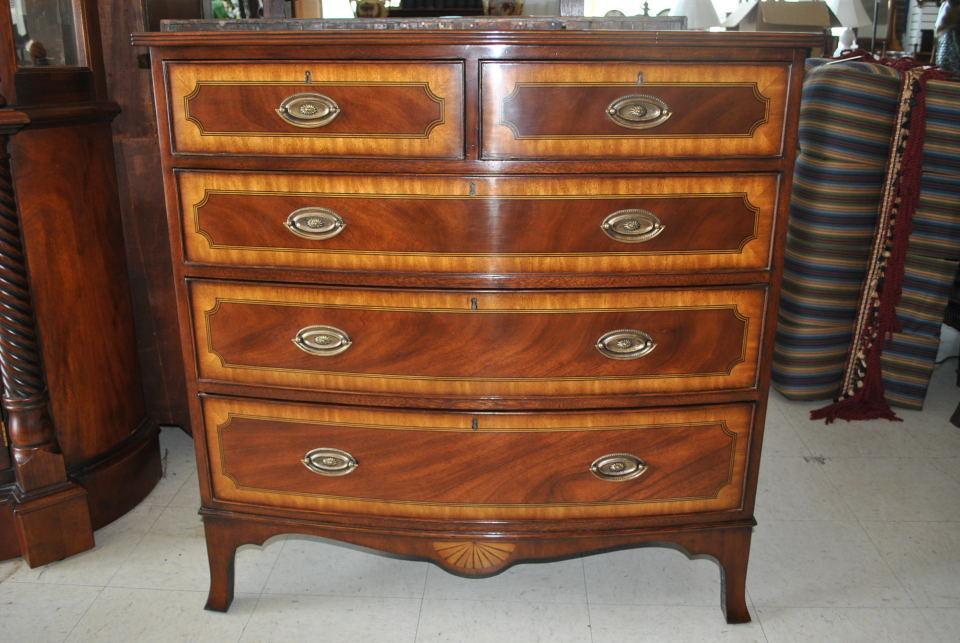 Never Used, Floor Sample Leighton Hall Flaming Mahogany Bow Front Chest of Drawers, Early American, Federal Style, Retail $4,000 LH-2040