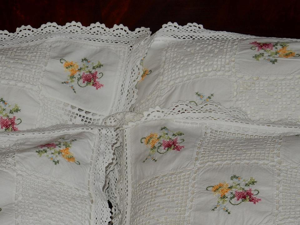Gorgeous, Vintage, Hand Sewn,Linen,Crotchet Lace,Needlepoint, 6 Piece King Size Bedding Set