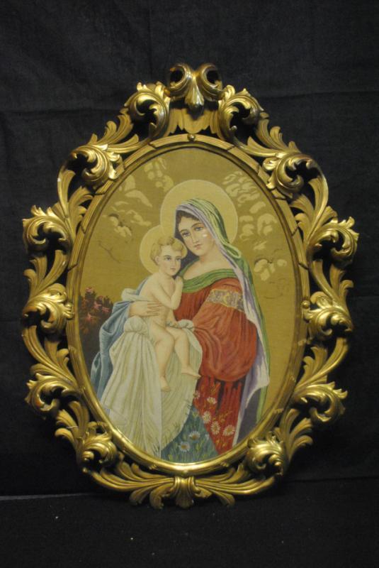 Antique Madonna & Child Needlepoint Tapestry, Framed Ca 1810