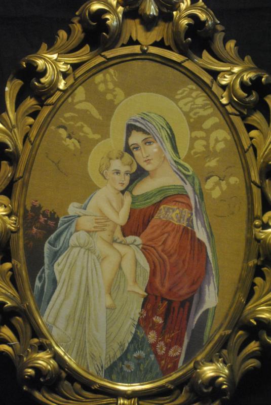 Antique Madonna & Child Needlepoint Tapestry, Framed Ca 1810