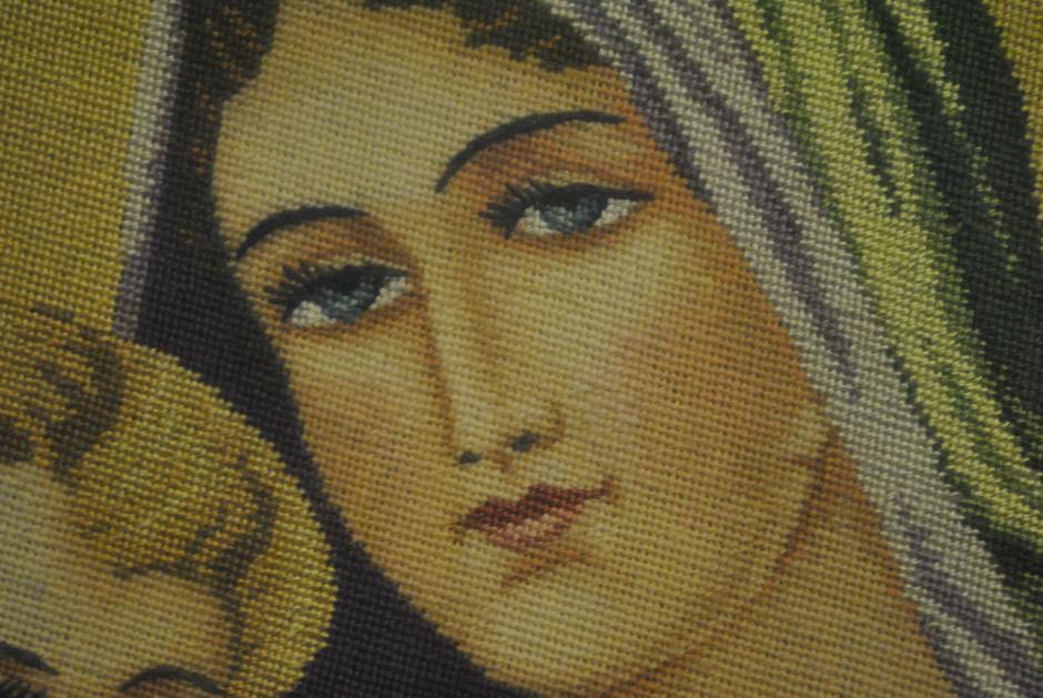 Antique Madonna & Child Needlepoint Tapestry, Framed Ca 1810