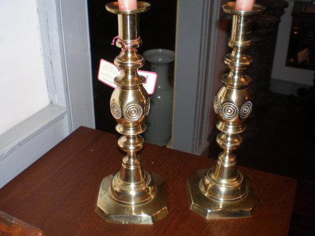 Pair of Bulls Eye Victorian Brass Candlesticks