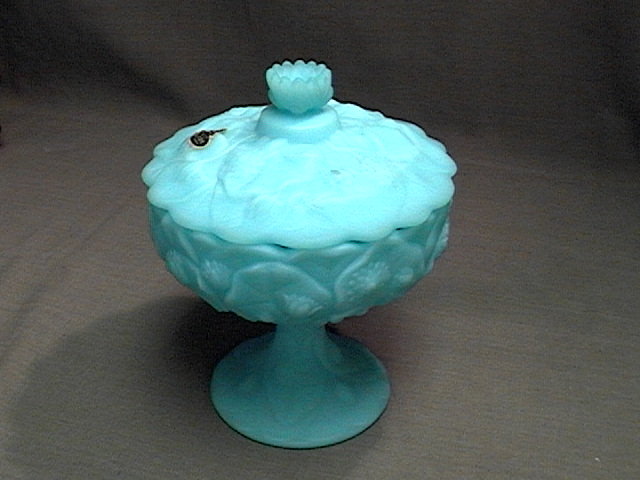 Fenton Blue Satin Water Lily Covered Candy Dish
