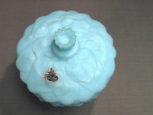 Fenton Blue Satin Water Lily Covered Candy Dish