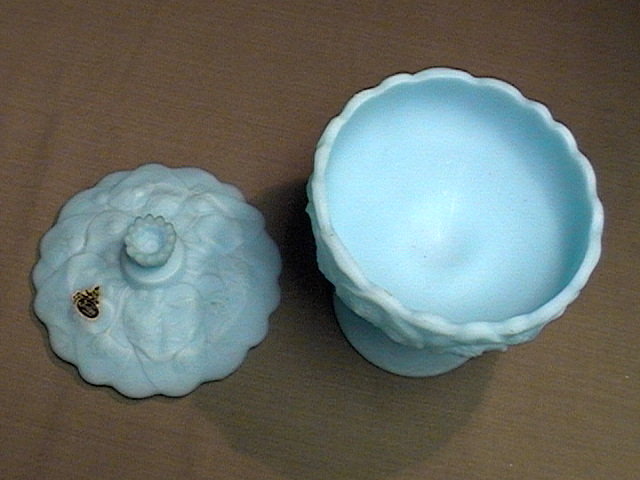 Fenton Blue Satin Water Lily Covered Candy Dish