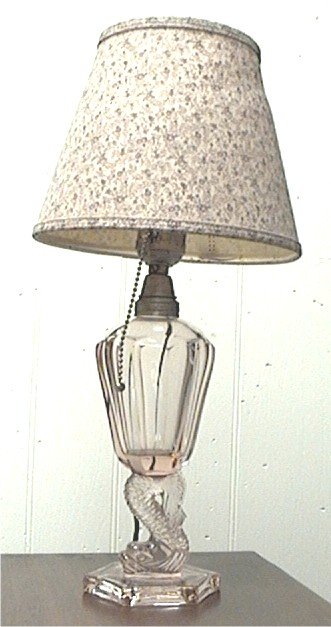Pink Depression Glass Lamp with Dolphin