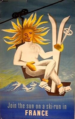 Sun Ski man France by Dubois c1950's on linen