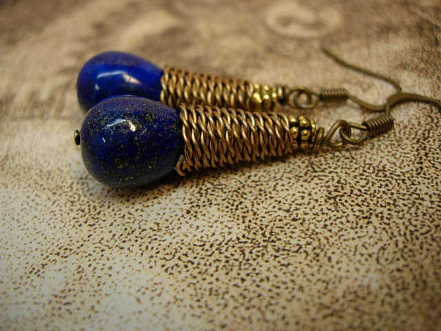 28ct Lapis Luzi modernist earrings Coil earrings pyrite and cobalt blue earrings