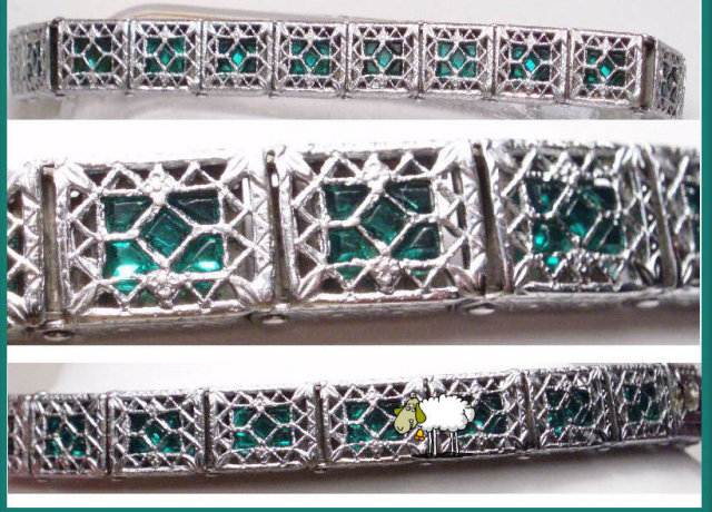 Vintage ART DECO FILIGREE Bracelet 85 green glass Stones GRILL work hinged bracelet