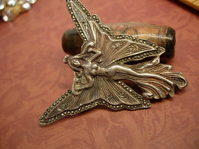 Vintage Nouveau Brooch Fairy Brooch sterling marcasite Brooch Goddess brooch
