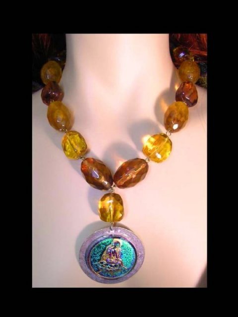 Dreamy Mermaid Goddess necklace Faceted hammered silver glass medallion Drop reversible statement jewelry Nautical delight