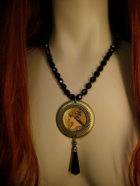 Minerva Goddess necklace Black glass necklace with antique black pendant costume jewelry