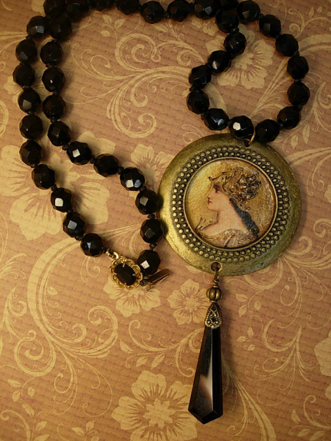 Minerva Goddess necklace Black glass necklace with antique black pendant costume jewelry