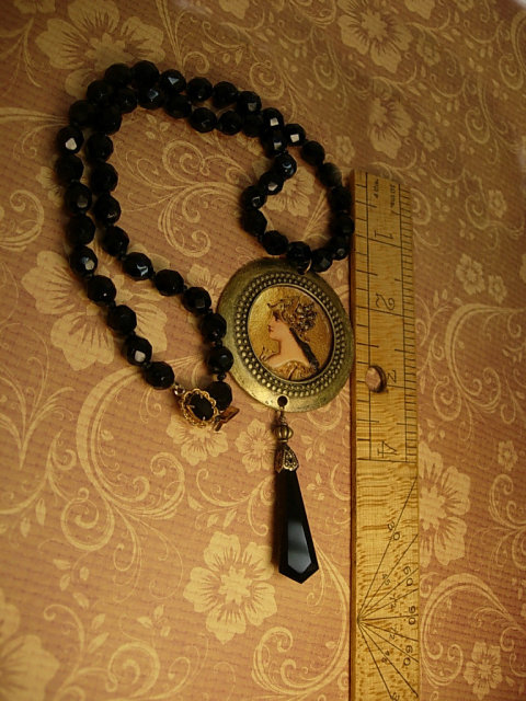 Minerva Goddess necklace Black glass necklace with antique black pendant costume jewelry