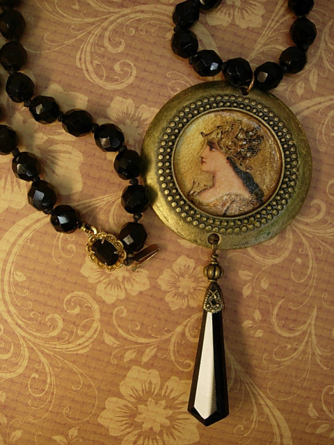 Minerva Goddess necklace Black glass necklace with antique black pendant costume jewelry