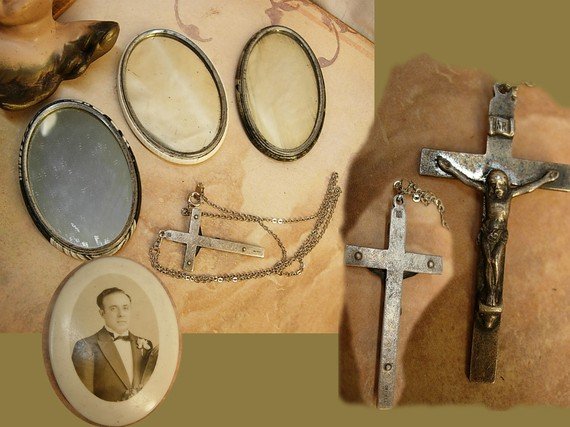 Estate Family portraits with Wedding necklace and sterling crucifix