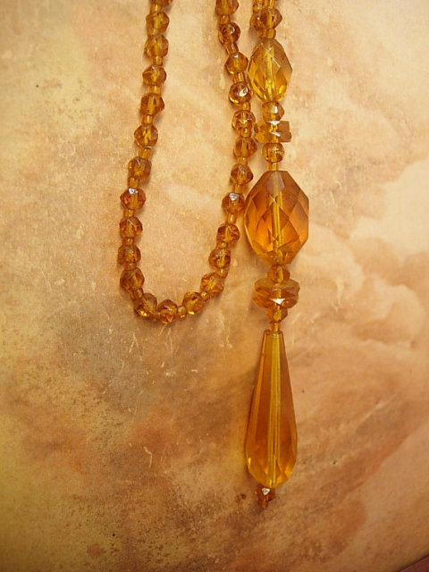 Vintage Flapper deco necklace golden topaz glass long beads Hand cut czech glass lariat bookpiece